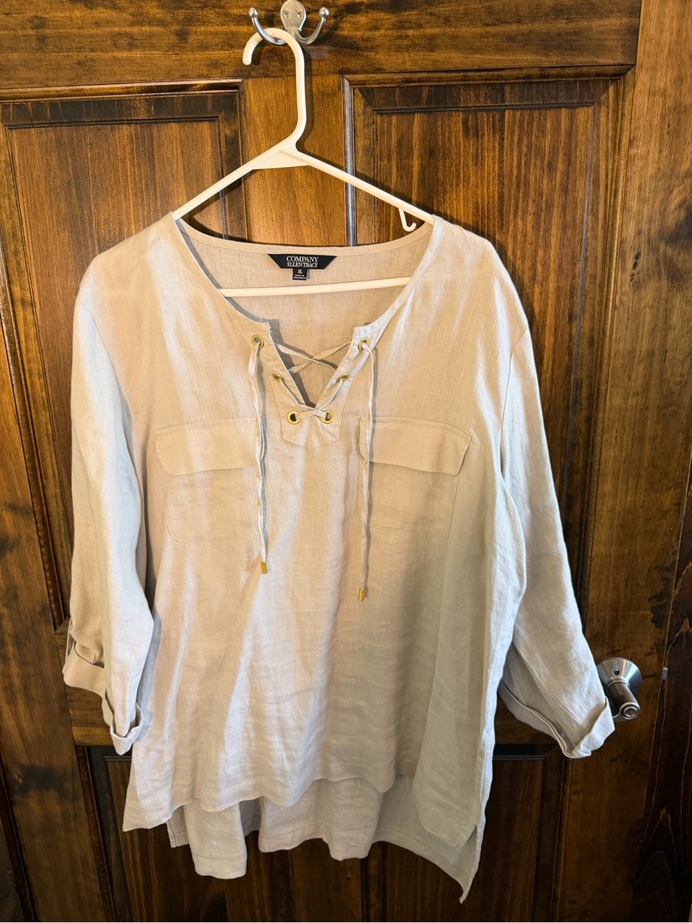 Ellen Tracy Cream Lace-Up Linen Blend Tunic